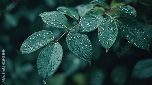 A close-up shot of dew drops on green leaves.