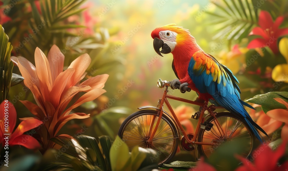 Fototapeta premium A parrot rides a bike through lush foliage.