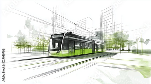 Modern tram in urban setting, symbolizing efficient and eco-friendly public transit.