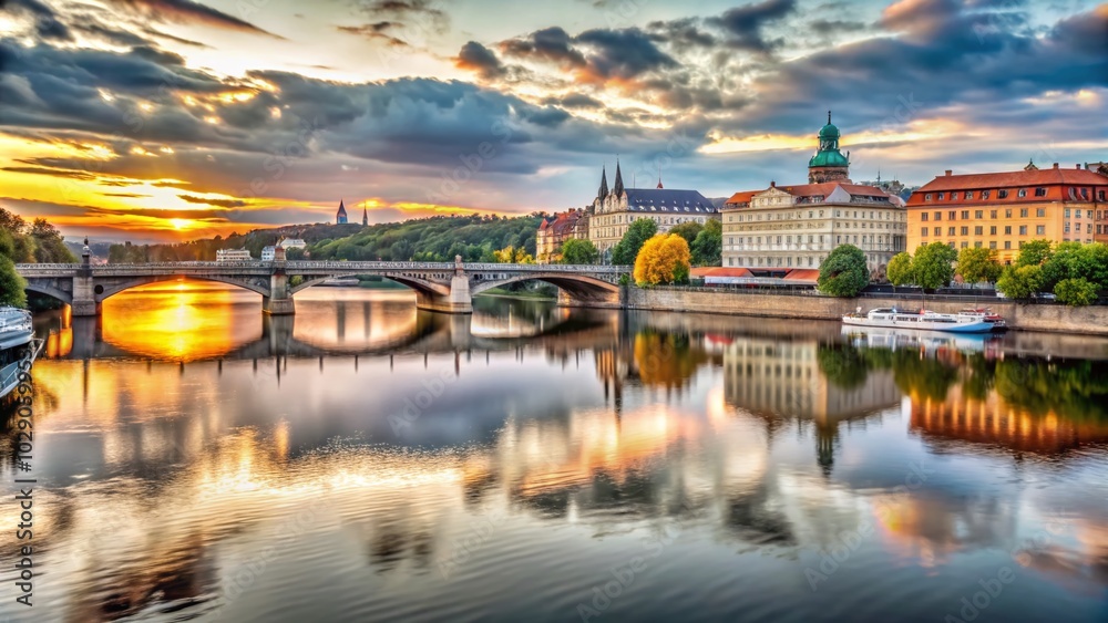 Fototapeta premium Modern Prague Bridge at Sunset Over Vltava River - Stunning Landscape Photography