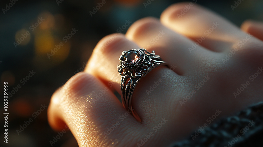 Ring on left hand ring finger, soft focus close-up