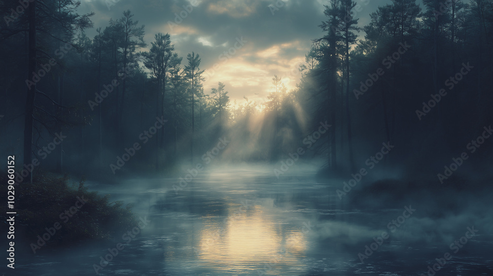 Misty forest at dawn, with sunlight piercing through the trees, casting long shadows on the fog-covered ground, creating a mystical, cinematic ambiance. Misty forest at dawn, with sunlight piercing through the trees, casting long shadows on the fog-covered ground, creating a mystical, cinematic ambiance.