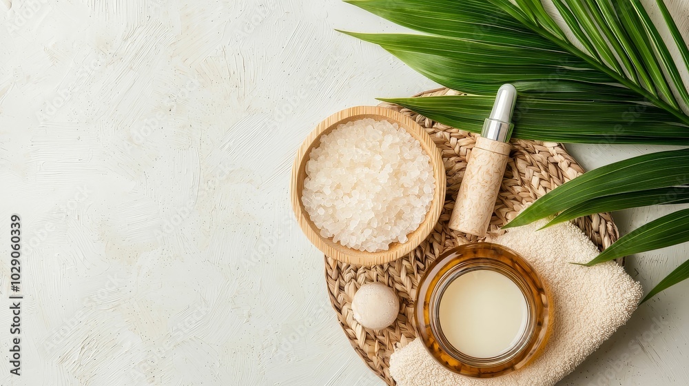 Natural skincare products with organic ingredients, part of a holistic wellness routine, set on a spa table Natural skincare products with organic ingredients, part of a holistic wellness routine, set on a spa table