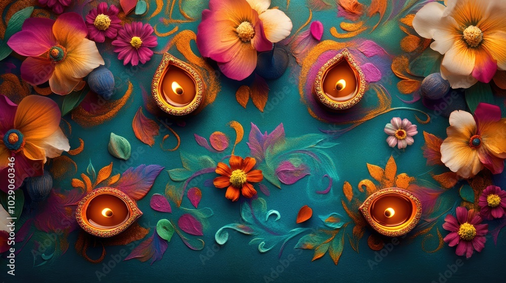 Diwali greeting text in a stylish font with a background of colorful Rangoli designs, oil lamps, and floral arrangements Diwali greeting text in a stylish font with a background of colorful Rangoli designs, oil lamps, and floral arrangements