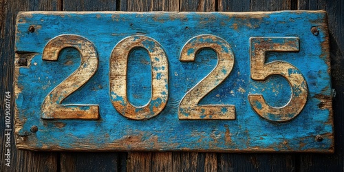 Weathered vintage sign displaying the number 2025 in bold, aged lettering on a rustic blue wooden background, symbolizing the passage of time and anticipation for the future