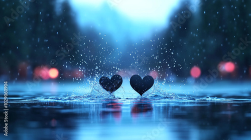 Two black hearts splash into a pool of water, creating a romantic scene.