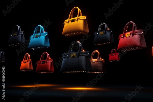 3D-rendered collection of handbags floating in a virtual space, with realistic textures and lighting, each bag modeled with intricate detail and dynamic camera angles showing them from every photo