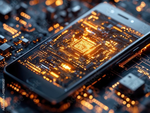 Smartphone with futuristic circuit board display symbolizing technology and innovation photo