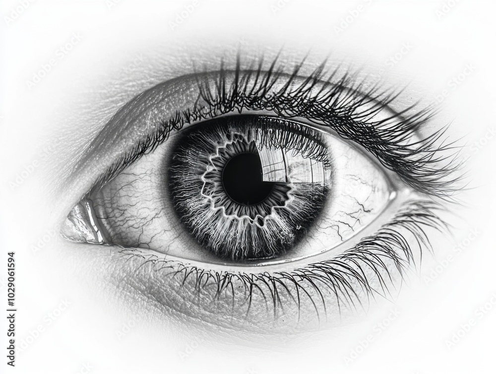 An artistic black and white macro photograph capturing the intricate details of a human eye, showcasing the complexity of the iris and eyelashes in sharp focus. An artistic black and white macro photograph capturing the intricate details of a human eye, showcasing the complexity of the iris and eyelashes in sharp focus.
