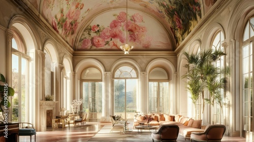 Elegant palace hall with frescoed ceilings, large framed windows, and pink rose murals, exuding an atmosphere of sophistication