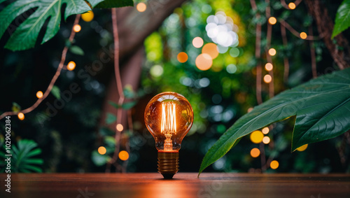 Una lampadina accesa emette luce su uno sfondo verde e colorato con effetto bokeh di una foresta pluviale photo