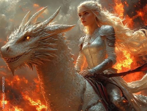 Fierce warrior riding a majestic dragon amidst fiery skies