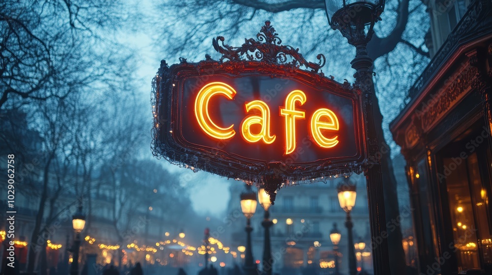 A vibrant neon Cafe sign illuminates a misty street adorned with classic lamp posts and buildings, evoking the charm of a bustling evening in a historic city A vibrant neon Cafe sign illuminates a misty street adorned with classic lamp posts and buildings, evoking the charm of a bustling evening in a historic city