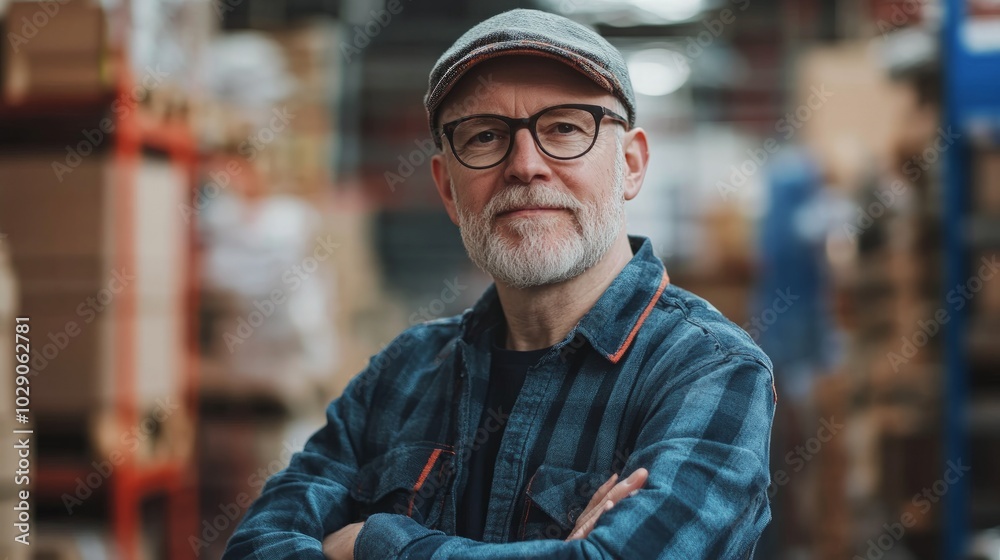 Confident small business owner in clothing store, arms crossed, smiling, exuding positivity and professionalism, standing in delivery warehouse environment.