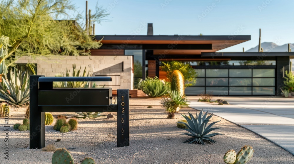Obraz premium Modern House with Black Mailbox and Address Plaque in Desert Landscape