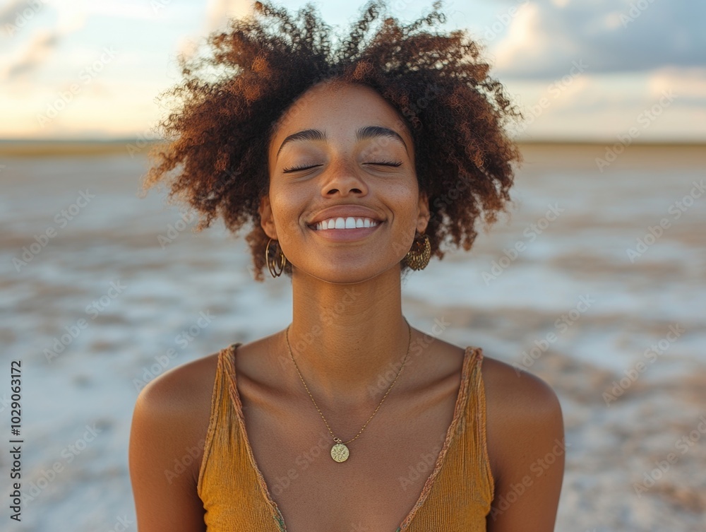 Joyful young woman enjoying serene beach with sun-kissed skin and curly hair Joyful young woman enjoying serene beach with sun-kissed skin and curly hair