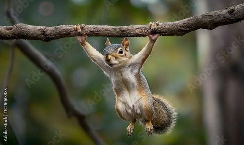 A squirrel hangs upside down on a branch.