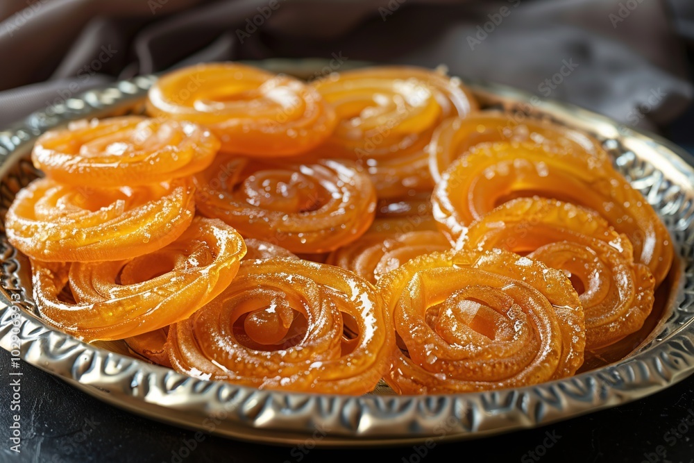 A close-up of a plate of jalebi, a popular Indian sweet treat made from a fermented batter deep-fried in a spiral shape and then soaked in sugar syrup. A close-up of a plate of jalebi, a popular Indian sweet treat made from a fermented batter deep-fried in a spiral shape and then soaked in sugar syrup.