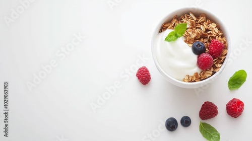 Organic gluten-free granola served with fresh fruits and yogurt, nutritious, wholesome,