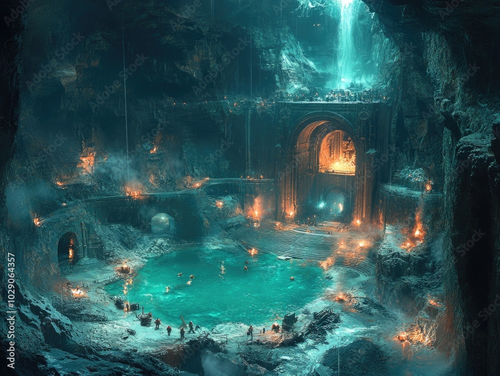 Fototapeta premium Mystical underground kingdom with waterfalls and glowing torches in a cavern