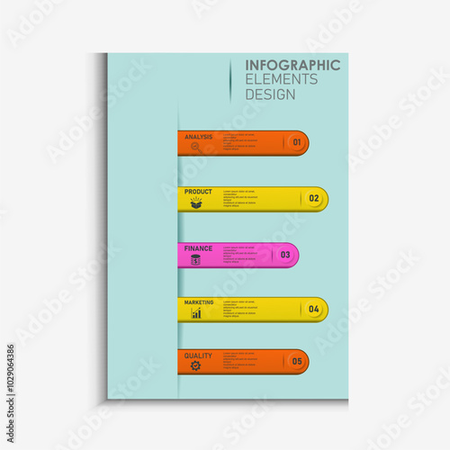 Design template for vector infographic labels with icons and 5 options or steps. Suitable for process diagrams, presentations, workflow layouts, banners, flow charts, and infographics.