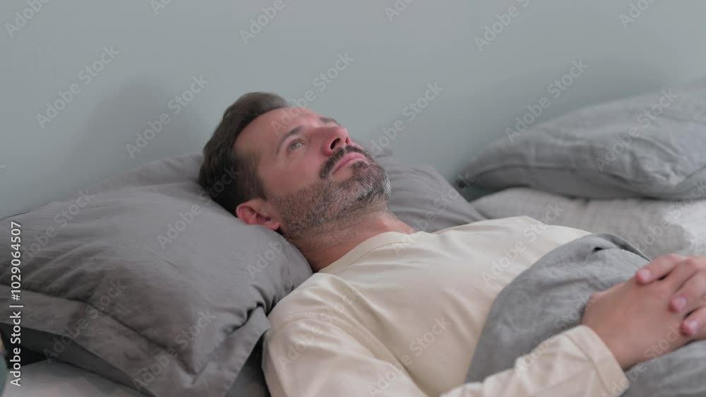 Pensive Middle Aged Man Lying in Bed Pensive Middle Aged Man Lying in Bed