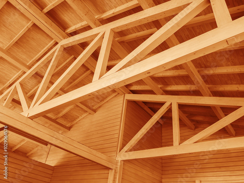 Obraz na płótnie Close-up of wooden roof structures. Close-up of wooden roof structures. Roof of a frame house. w salonie