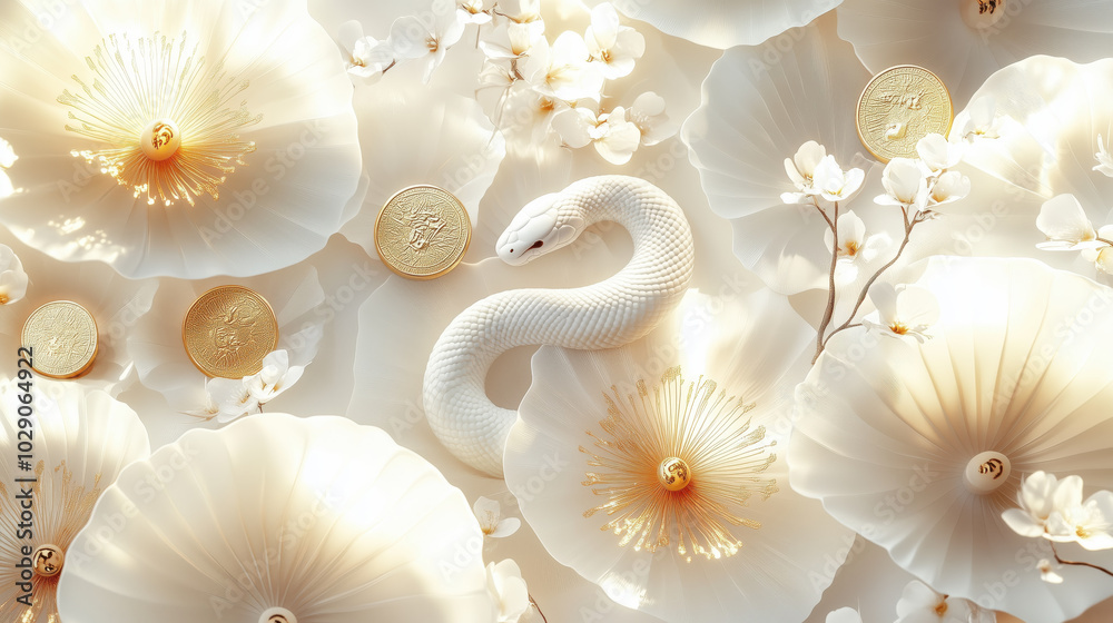 Elegant white snake surrounded by delicate flowers and gold coins