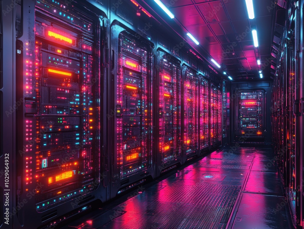Futuristic data center with vibrant neon lights and high-tech servers Futuristic data center with vibrant neon lights and high-tech servers