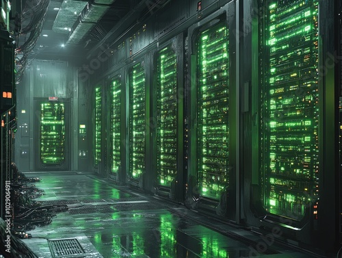 Futuristic data center with green led servers in a dimly lit environment