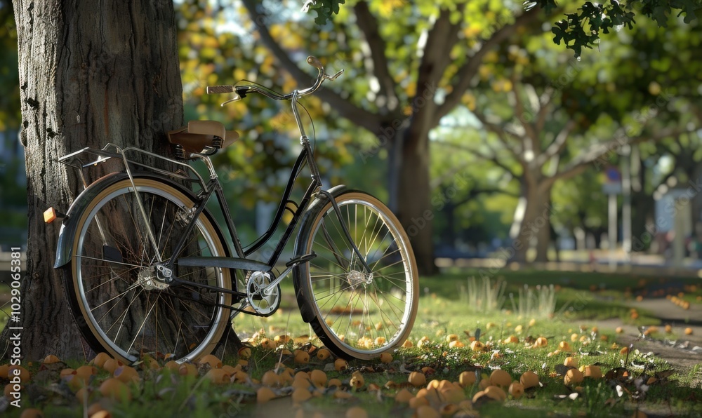 Bicycle leaning against the tree, 4K hyperrealistic photo Bicycle leaning against the tree, 4K hyperrealistic photo
