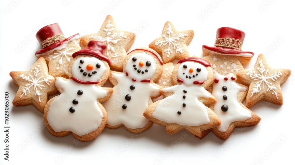 Christmas shortbread cookies shaped like snowmen, stars, and bells, decorated with icing, isolated on white background Christmas shortbread cookies shaped like snowmen, stars, and bells, decorated with icing, isolated on white background