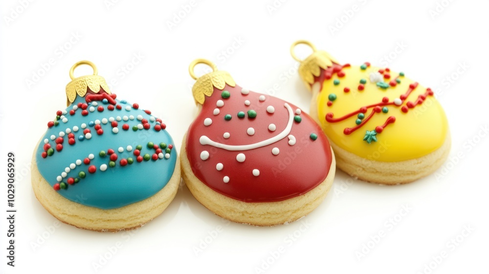 Christmas sugar cookies shaped like ornaments, decorated with colorful icing and sprinkles, isolated on white background Christmas sugar cookies shaped like ornaments, decorated with colorful icing and sprinkles, isolated on white background