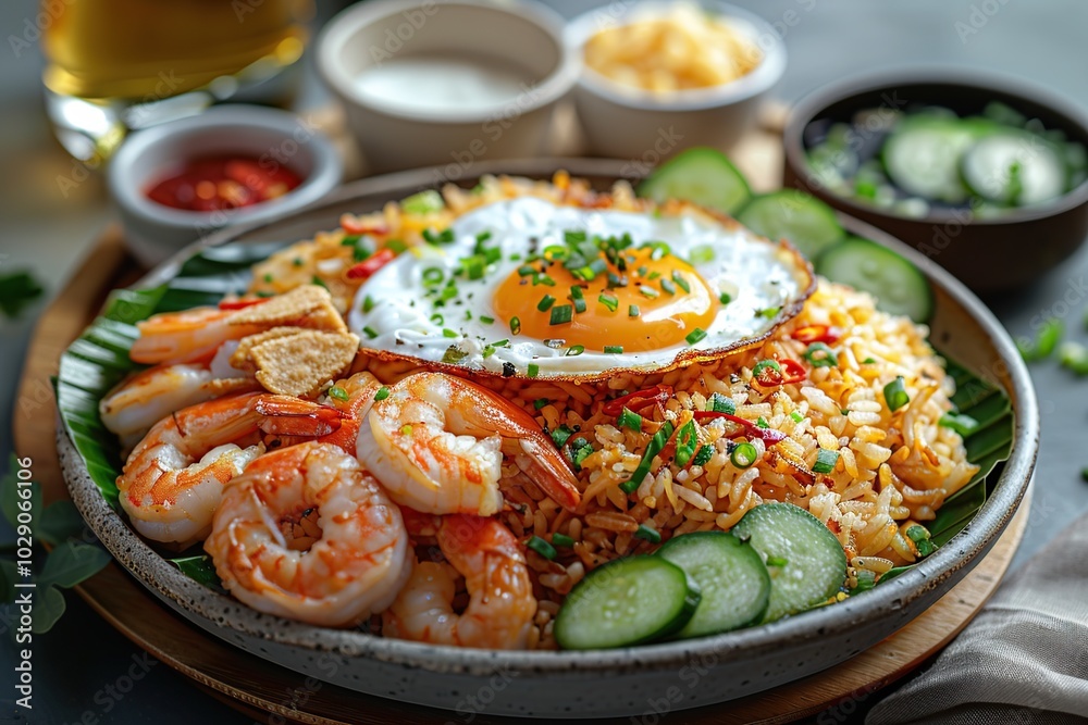 A plate of fried rice with shrimp, a fried egg, cucumber slices, and dipping sauces. A plate of fried rice with shrimp, a fried egg, cucumber slices, and dipping sauces.