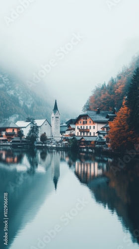 A quaint village nestled amidst misty mountains, reflecting in the calm waters of a lake.