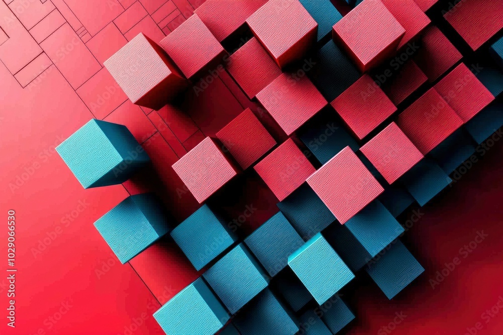 Abstract Pattern of Interlocking Red and Blue Cubes Abstract Pattern of Interlocking Red and Blue Cubes