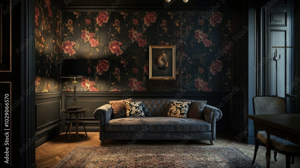 Fototapeta premium Grey lounge with a patterned cushion in a dark living room interior with floral wallpaper, giving a cozy and elegant vibe