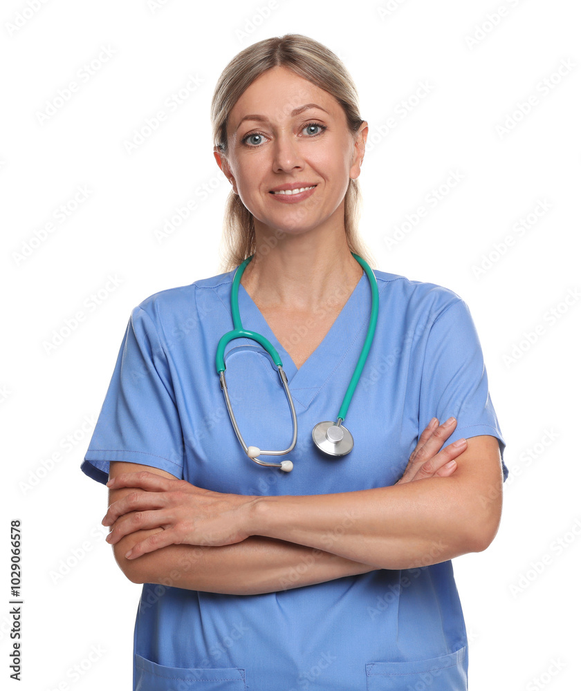 Portrait of doctor in medical uniform with stethoscope isolated on white Portrait of doctor in medical uniform with stethoscope isolated on white