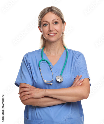 Portrait of doctor in medical uniform with stethoscope isolated on white