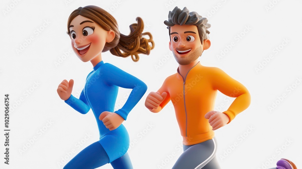 A cartoon man and woman run side-by-side against a white background. A cartoon man and woman run side-by-side against a white background.