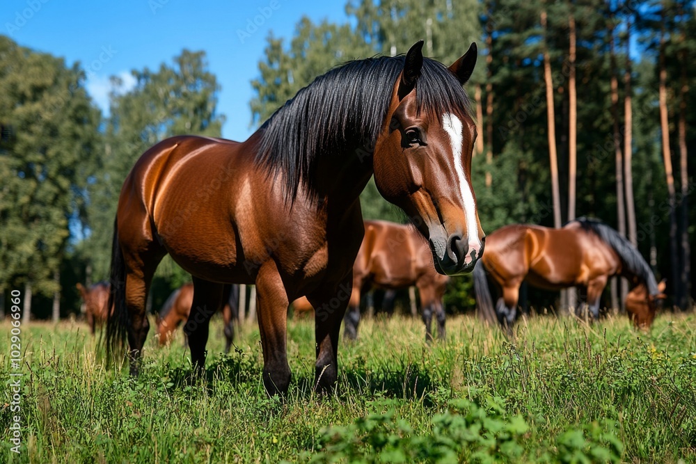 A group of wild horses grazing in a sun-dappled meadow, surrounded by the towering trees of a European forest, capturing the harmony of nature in this magical landscape A group of wild horses grazing in a sun-dappled meadow, surrounded by the towering trees of a European forest, capturing the harmony of nature in this magical landscape