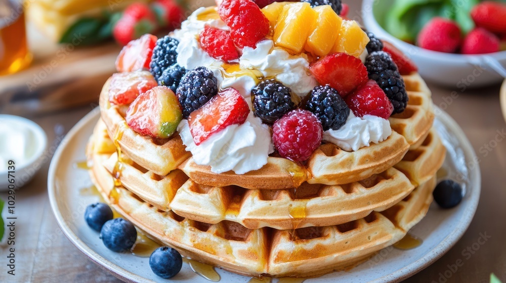 Stacked Waffles Topped with Whipped Cream, Berries, and Mango Stacked Waffles Topped with Whipped Cream, Berries, and Mango