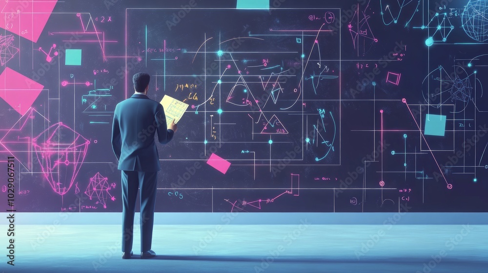 Mathematician Engaged in Solving Complex Equations on Chalkboard, Illustration of Intellectual Challenge and Problem-Solving in Mathematics Mathematician Engaged in Solving Complex Equations on Chalkboard, Illustration of Intellectual Challenge and Problem-Solving in Mathematics
