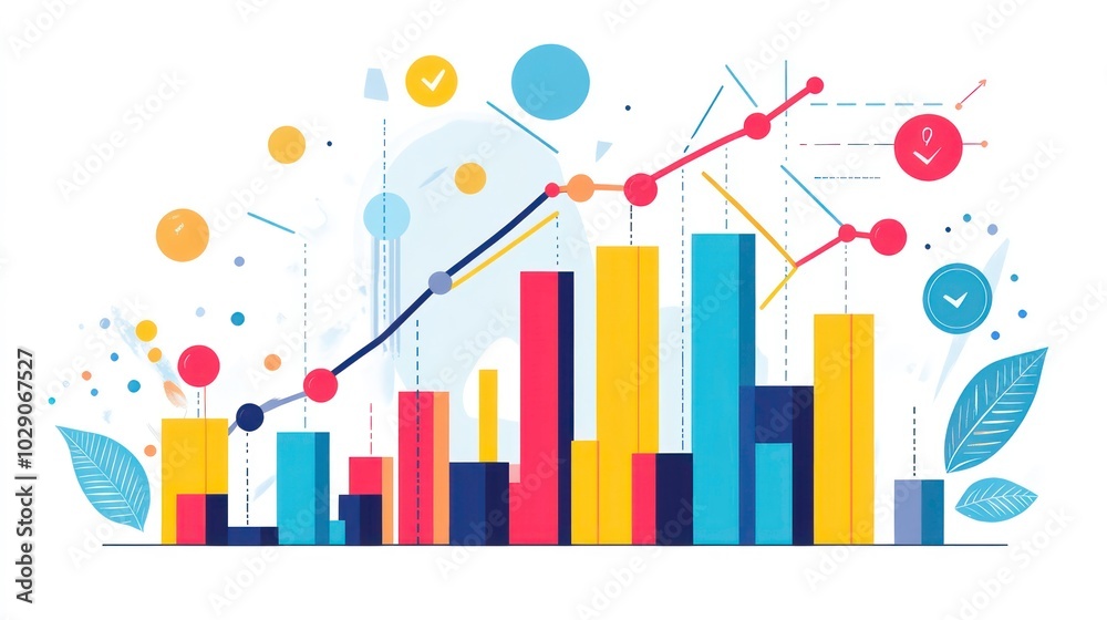 A colorful illustration of a graph with bars and a line showing growth and success. The graph is surrounded by various abstract shapes and icons such as check marks, dots, leaves, and arrows. A colorful illustration of a graph with bars and a line showing growth and success. The graph is surrounded by various abstract shapes and icons such as check marks, dots, leaves, and arrows.