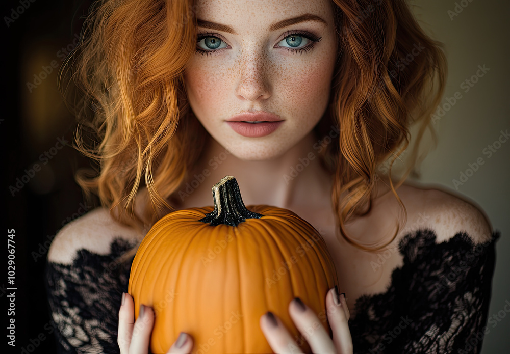 A beautiful woman with red hair and blue eyes, wearing black lace , holds an orange pumpkin with the carved face of a spider A beautiful woman with red hair and blue eyes, wearing black lace , holds an orange pumpkin with the carved face of a spider