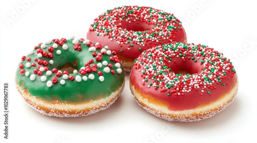 Christmas-themed donuts with red and green frosting, sprinkles, and candy toppings, isolated on white background