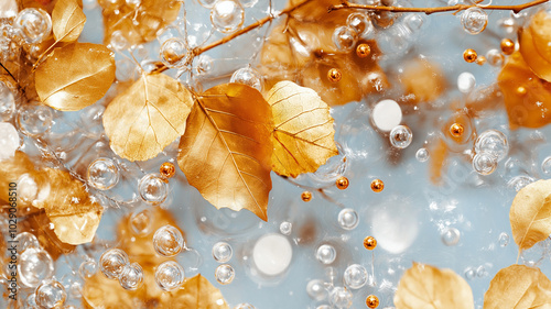 Golden leaves float in bubbles, creating serene and enchanting atmosphere