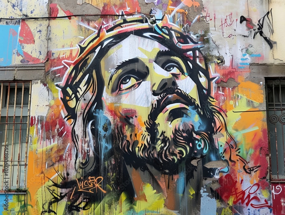 Obraz premium Street art mural of Jesus urban and impactful
