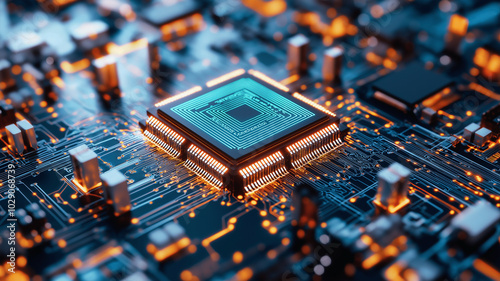 A close up view of microchip on circuit board, showcasing intricate details and glowing elements photo