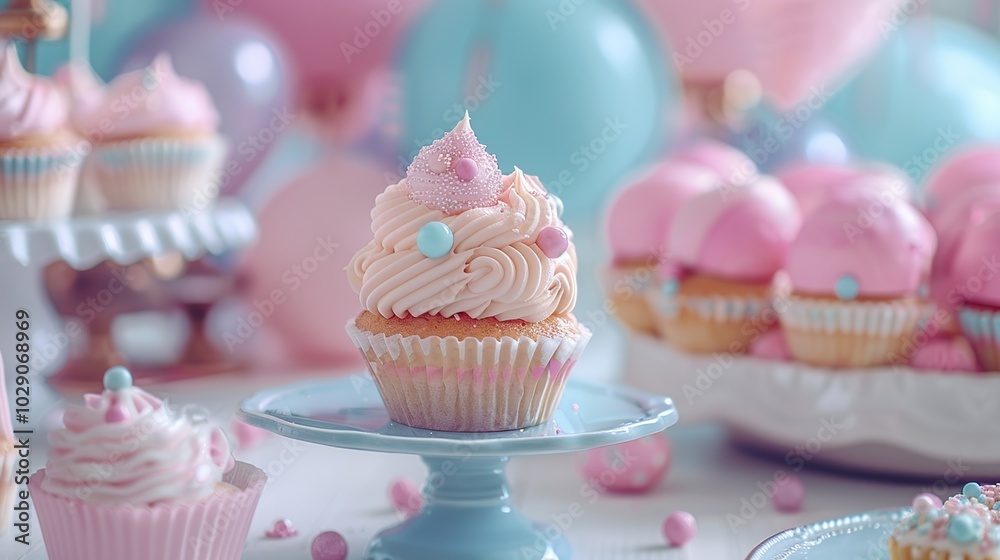 A close-up of a pink and blue frosted cupcake on a blue cake stand with other cupcakes and balloons in the background. A close-up of a pink and blue frosted cupcake on a blue cake stand with other cupcakes and balloons in the background.